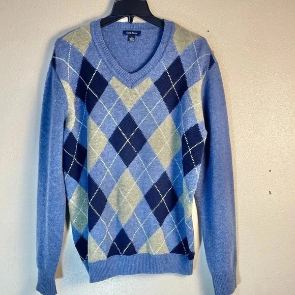 Club Room Mens Small Sweater V-Neck Diamond Argyle Print 100% Lambswool Blue - Picture 1 of 8